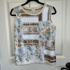 Anthropologie White and Gold Sequin Floral Tank Top